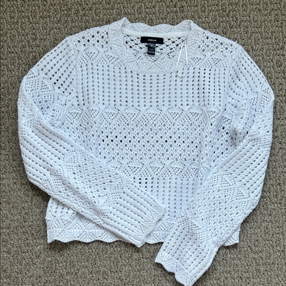 Aqua White Crochet Openwork Pullover